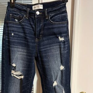 BKE Women's Dark Wash Ripped Skinny Jeans